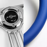 W-Power 350MM Blue Leather Grip 6-Hole Chrome 3-Spoke Vintage 14" Steering Wheel