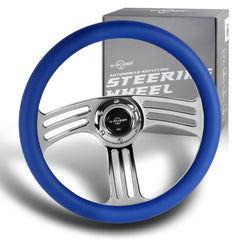W-Power 350MM Blue Leather Grip 6-Hole Chrome 3-Spoke Vintage 14" Steering Wheel