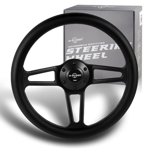 W-Power 350MM Premium Black Leather Grip 6-Hole Black Spoke 14" Steering Wheel