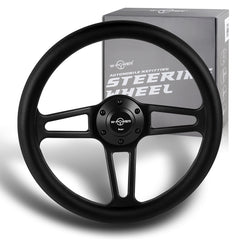 W-Power 350MM Premium Black Leather Grip 6-Hole Black Spoke 14" Steering Wheel