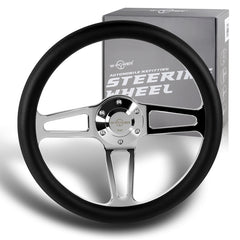 W-Power 350MM Premium Black Leather Grip 6-Hole Chrome Spoke 14" Steering Wheel