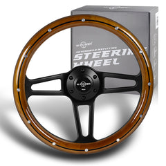 W-Power 350MM Classic Dark Wood Grip 6-Hole Matt Black Spoke 14" Steering Wheel