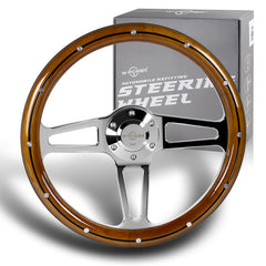 W-Power 350MM Classic Dark Wood Grip 6-Hole Chrome 3-Spoke 14" Steering Wheel