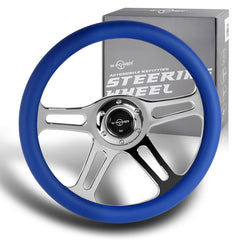 W-Power 350MM Blue Leather Grip 6-Hole Chrome 4-Spoke Vintage 14" Steering Wheel
