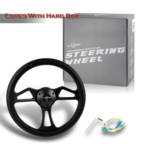 W-Power 350MM Black Vinyl Wrap Leather 6-Hole Black Spoke 14" Steering Wheel