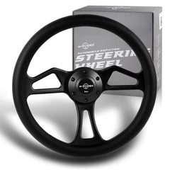 W-Power 350MM Black Vinyl Wrap Leather 6-Hole Black Spoke 14" Steering Wheel