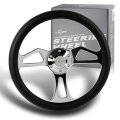 W-Power 350MM Black Vinyl Wrap Leather 6-Hole Chrome Spoke 14" Steering Wheel