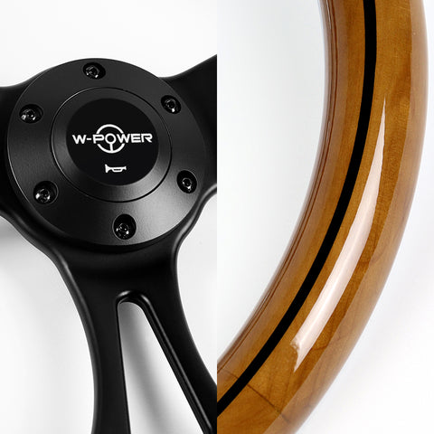 W-Power 350MM Classic Brown Wood Grain 6-Hole Black Spoke 14" Steering Wheel