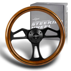 W-Power 350MM Classic Brown Wood Grain 6-Hole Black Spoke 14" Steering Wheel
