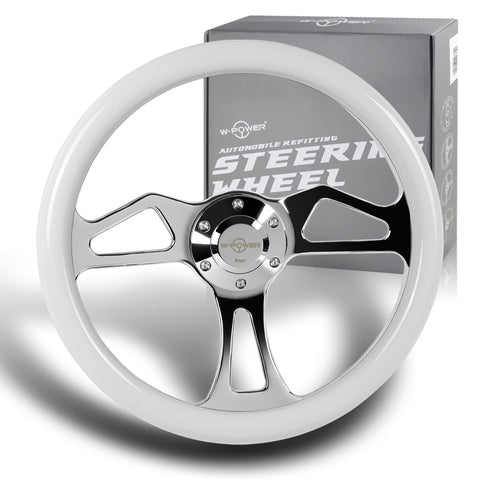 W-Power 350MM Classic White Wood Grain 6-Hole Chrome Spoke 14" Steering Wheel