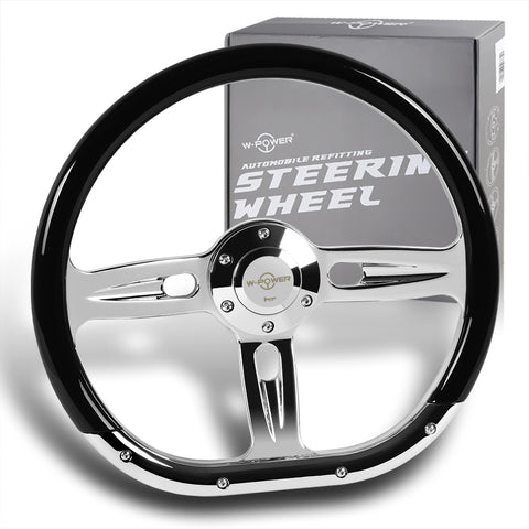 W-Power 350MM Classic Black Wood Half Wrap 6Hole Chrome Spoke 14" Steering Wheel