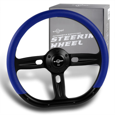 W-Power 350MM Blue Vinyl Wrap Leather 6-Hole Black Spoke 14" Steering Wheel