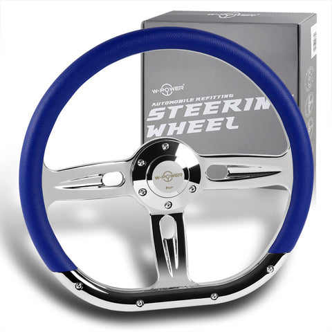 W-Power 350MM Blue Vinyl Wrap Leather 6-Hole Chrome Spoke 14" Steering Wheel