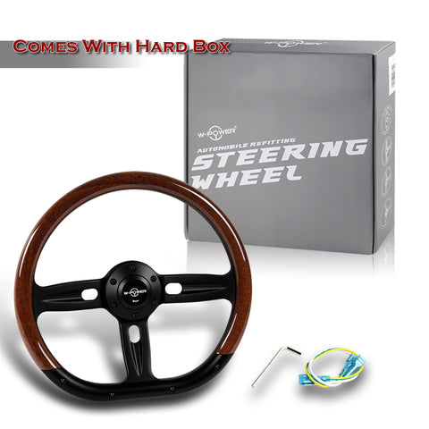 W-Power 350MM Classic Brown Wood Half Wrap 6-Hole Black Spoke 14" Steering Wheel