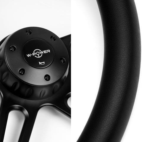 W-Power 457MM Black Leather Grip 5-Hole Black 4-Spoke 18" Steering Wheel + Horn