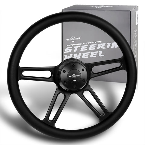 W-Power 457MM Black Leather Grip 5-Hole Black 4-Spoke 18" Steering Wheel + Horn