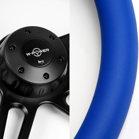 W-Power 457MM Blue Leather Grip 5-Hole Black 4-Spoke 18" Steering Wheel + Horn