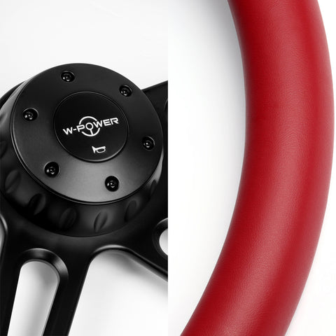 W-Power 457MM Red Leather Grip 5-Hole Black 4-Spoke 18" Steering Wheel + Horn