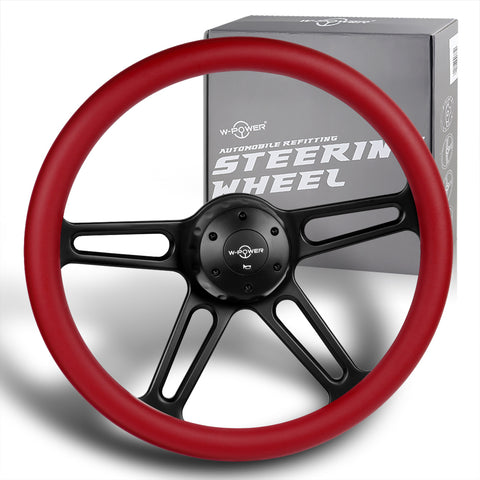 W-Power 457MM Red Leather Grip 5-Hole Black 4-Spoke 18" Steering Wheel + Horn