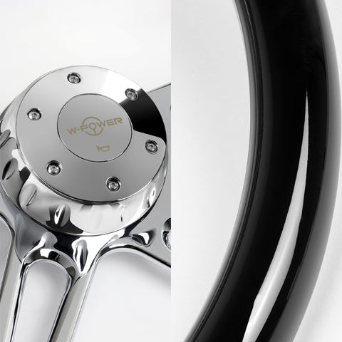 W-Power 457MM Black Wood Half Wrap 5-Hole Chrome 4-Spoke 18" Steering Wheel+Horn
