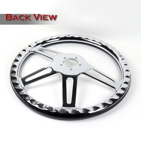 W-Power 457MM Black Wood Half Wrap 5-Hole Chrome 4-Spoke 18" Steering Wheel+Horn
