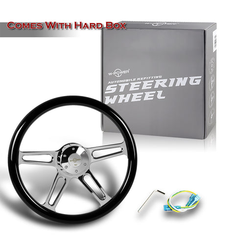 W-Power 457MM Black Wood Half Wrap 5-Hole Chrome 4-Spoke 18" Steering Wheel+Horn