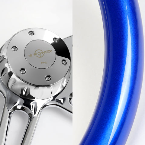 W-Power 457MM Blue Wood Half Wrap 5-Hole Chrome 4-Spoke 18" Steering Wheel +Horn