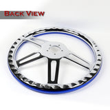 W-Power 457MM Blue Wood Half Wrap 5-Hole Chrome 4-Spoke 18" Steering Wheel +Horn