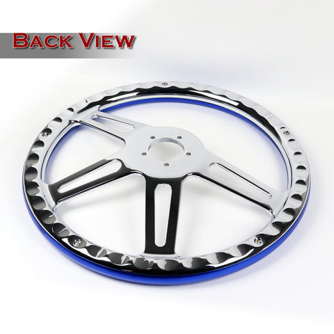 W-Power 457MM Blue Wood Half Wrap 5-Hole Chrome 4-Spoke 18" Steering Wheel +Horn