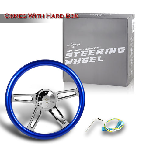 W-Power 457MM Blue Wood Half Wrap 5-Hole Chrome 4-Spoke 18" Steering Wheel +Horn