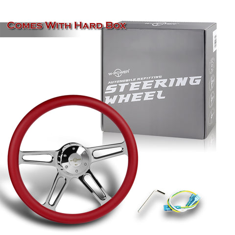 W-Power 457MM Red Leather Grip 5-Hole Chrome 4-Spoke 18" Steering Wheel + Horn