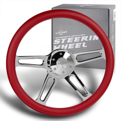 W-Power 457MM Red Leather Grip 5-Hole Chrome 4-Spoke 18" Steering Wheel + Horn