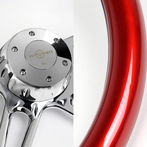 W-Power 457MM Red Wood Half Wrap 5-Hole Chrome 4-Spoke 18" Steering Wheel + Horn
