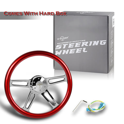 W-Power 457MM Red Wood Half Wrap 5-Hole Chrome 4-Spoke 18" Steering Wheel + Horn