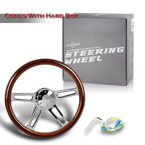 W-Power 457MM Dark Wood Grip 5-Hole Chrome 4-Spoke 18" Steering Wheel + Horn