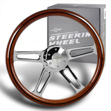 W-Power 457MM Dark Wood Grip 5-Hole Chrome 4-Spoke 18" Steering Wheel + Horn