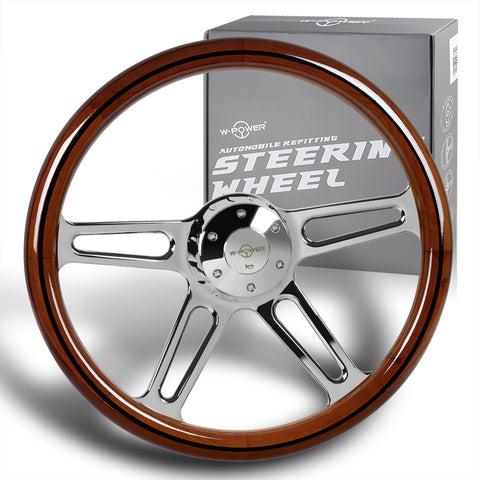 W-Power 457MM Dark Wood Grip 5-Hole Chrome 4-Spoke 18" Steering Wheel + Horn
