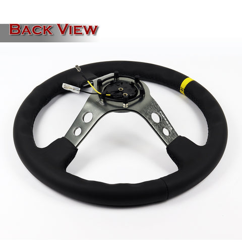 NRG RST-006GM-Y 350MM Black Leather 6-Holes Gun Metal Spoke 14" Steering Wheel