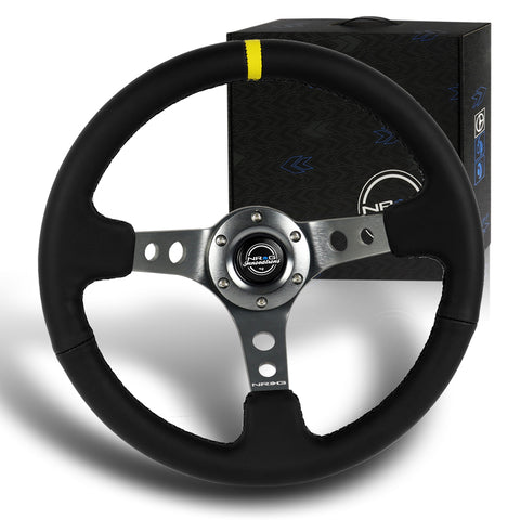 NRG RST-006GM-Y 350MM Black Leather 6-Holes Gun Metal Spoke 14" Steering Wheel