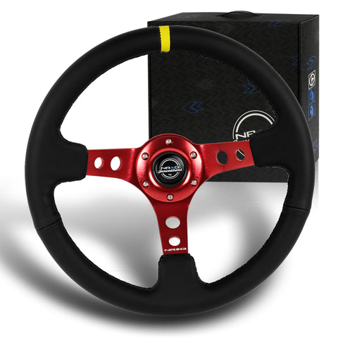 NRG RST-006RD-Y 350MM Black Leather 6-Holes Red Spoke 14-Inch Steering Wheel