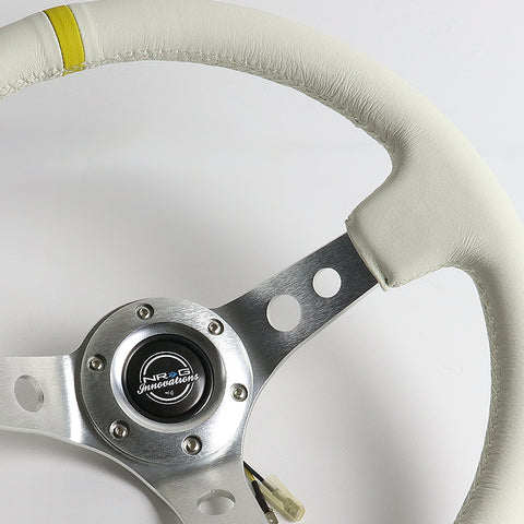 NRG 350MM White Leather/Yellow Stripe 13.5" Racing Steering Wheel RST-006WT-Y