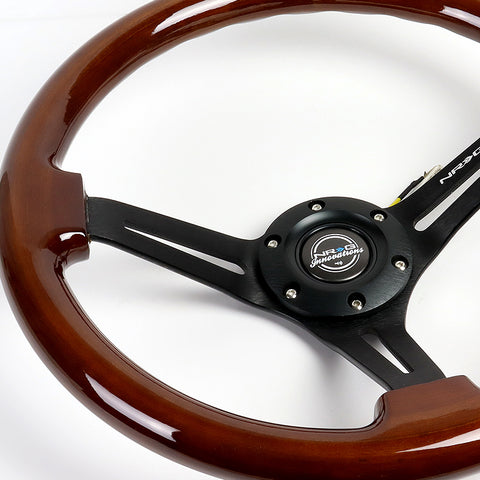 NRG 350MM Brown Wood Grain Black Spoke 3" Deep Dish Steering Wheel RST-018BR-BK