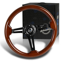NRG 350MM Brown Wood Grain Black Spoke 3" Deep Dish Steering Wheel RST-018BR-BK
