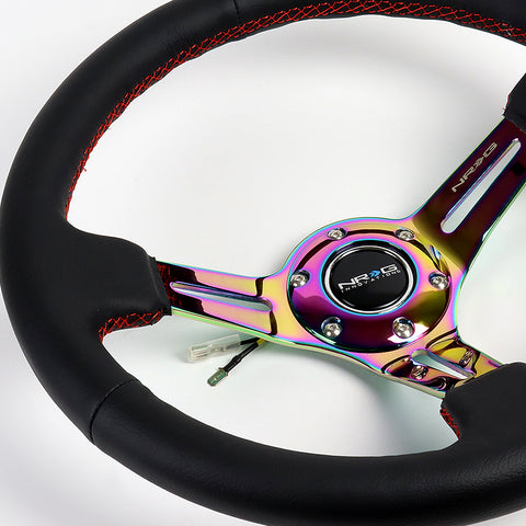 NRG 350MM Black Leather Neo Chrome Spoke Red Stitch Steering Wheel RST-018R-MCRS