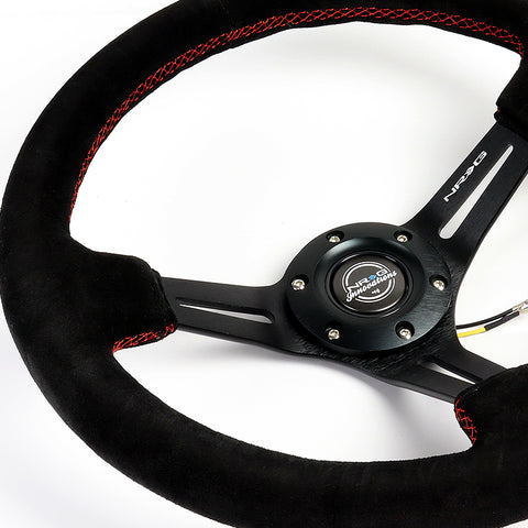 NRG 350MM Black Suede Red Stitch 3" Deep Dish Spoke Steering Wheel RST-018S-RS