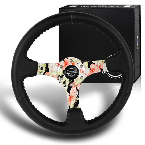 NRG RST-036FL-R 350MM Hydro Dipped Floral Black Leather 14-Inch Steering Wheel