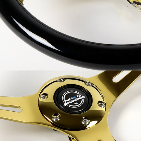 NRG 350MM Black Classic Wood Grip Chrome Gold Spokes Steering Wheel ST-015CG-BK