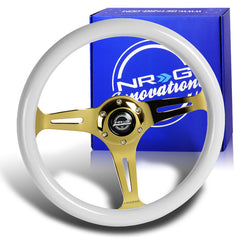 NRG 350MM White Classic Wood Grip Chrome Gold Spokes Steering Wheel ST-015CG-WT