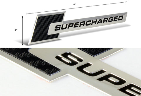 2 x Carbon Fiber / Silver Black Supercharged Aluminum Sticker Decal Emblem Badge (one pair)