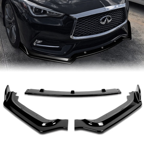 For 2017-2022 Infiniti Q60 Coupe Painted Black V-Style Front Bumper Body Kit Lip + Side Skirt Rocker Winglet Canard Diffuser Wing  (Glossy Black) 5PCS